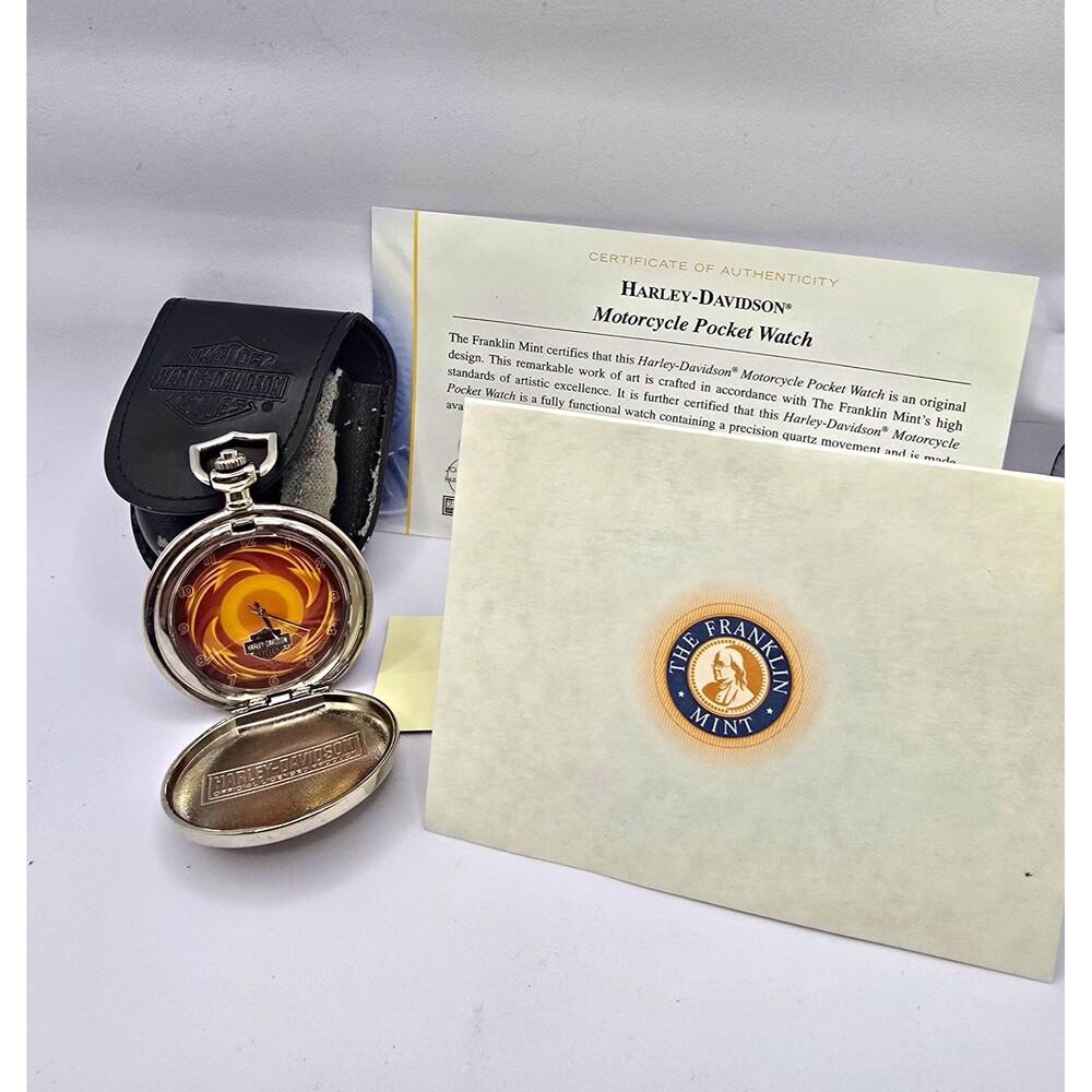 Franklin Mint Harley Davidson Orange Flame Pocket Watch Pouch COA Paper PARTS